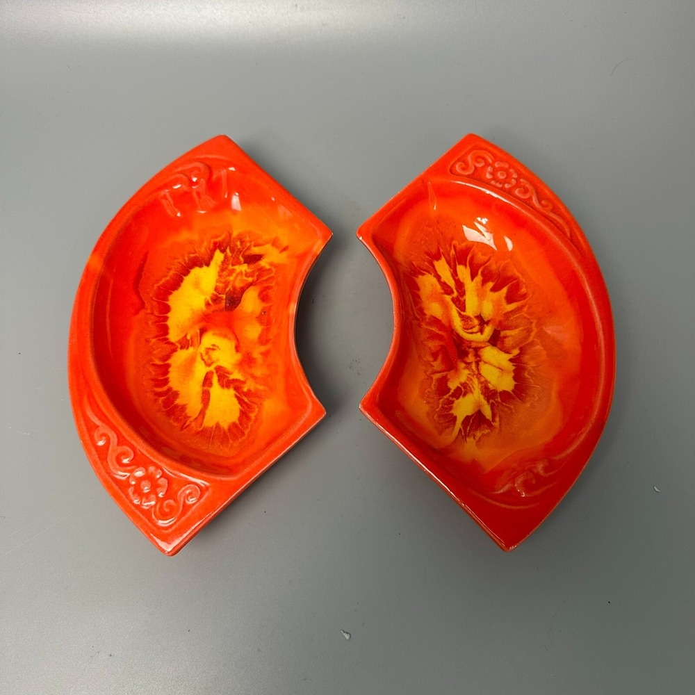 2 Pc relish trays bowls California Pottery Maurice Fire orange red MCM Art Deco